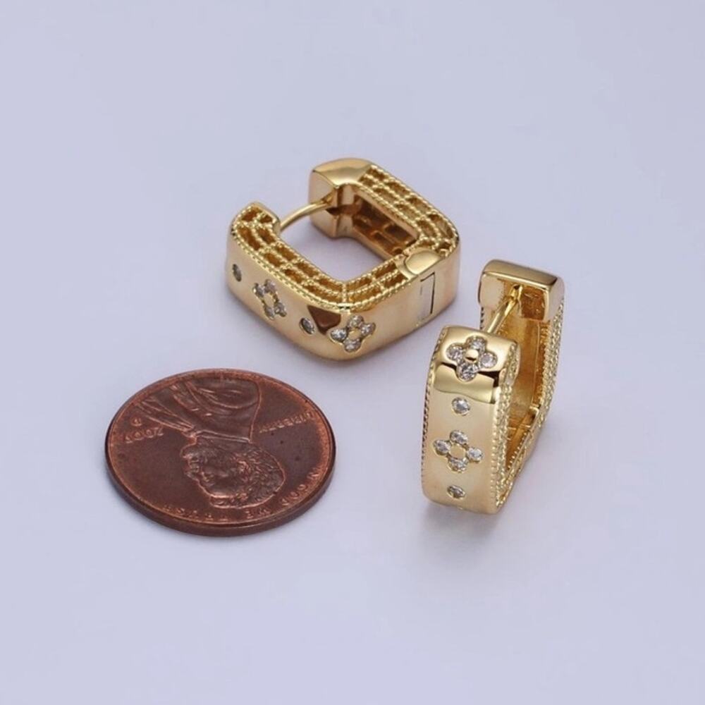 NWT Aim Eternal 24K Gold Filled Quatrefoil CZ Square Huggie Earrings Clover